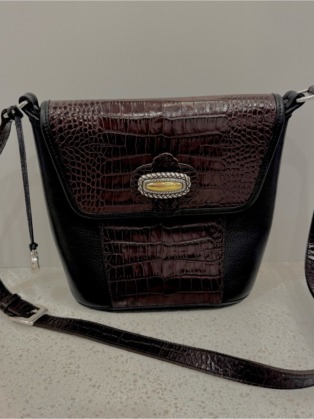 Brighton Black and Dark Brown Croc-Effect Leather Crossbody Bag